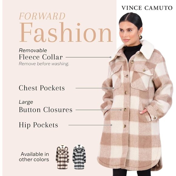 ✨Women Cream Fleece Collar Front Button Closures Shacket Long Plaid Coat Jacket - Picture 3 of 7